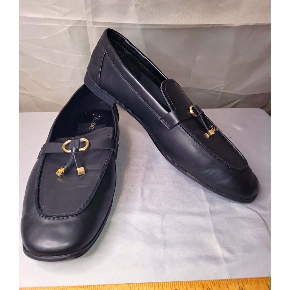 ALDO Women's Black Slip-On Loafer Flats Almond Toe Logo Metal Comfort 10M